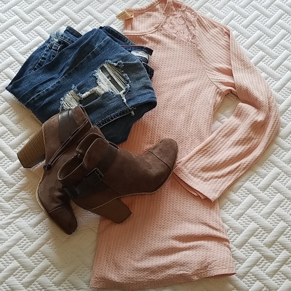 Rose Pink Waffle Knit Lace Detail Tunic